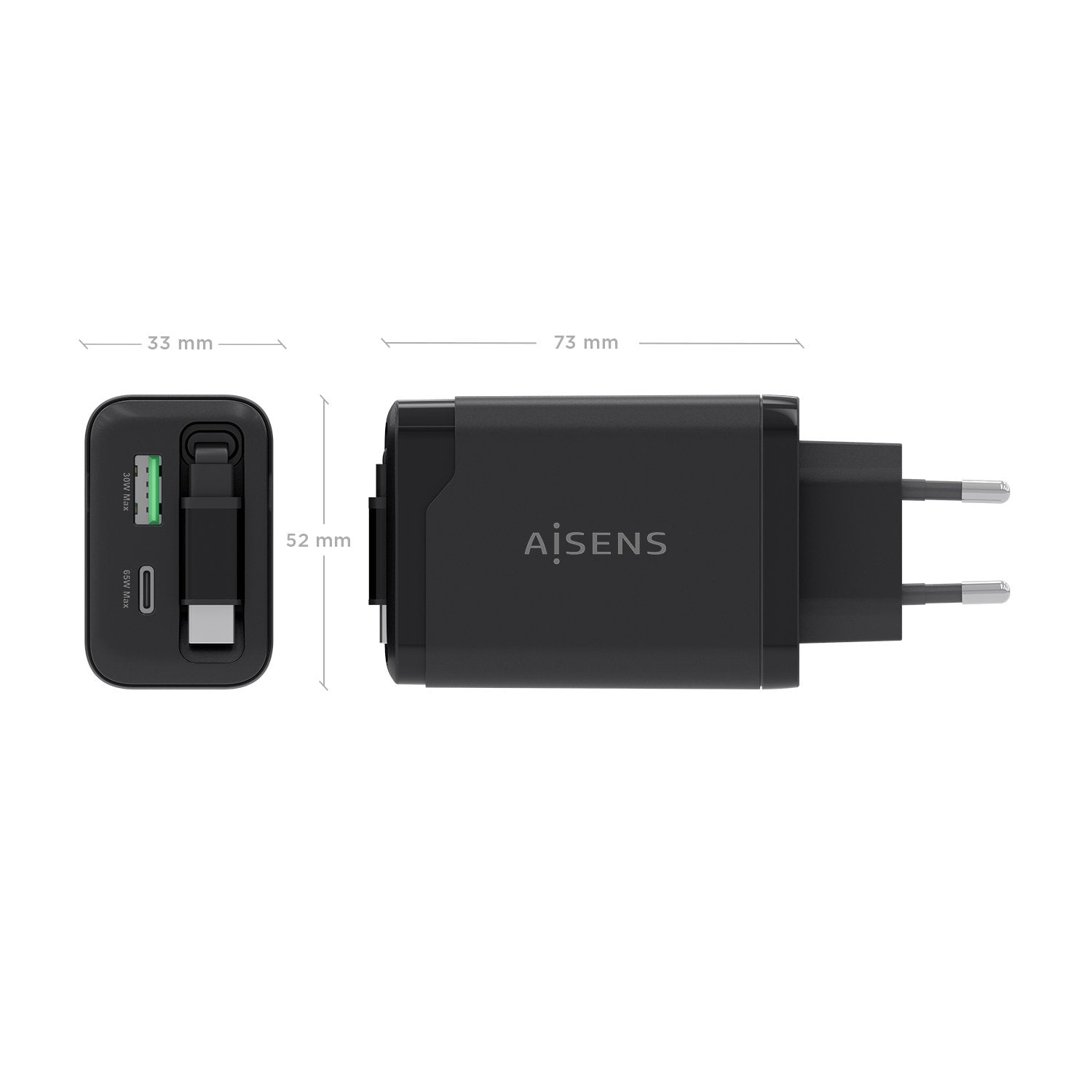 Aisens Cargador Gan 65w, 1xusb-C Cable Retractil, 1xusb-C Pd3.0, 1xusb-A Qc3.0, Negro