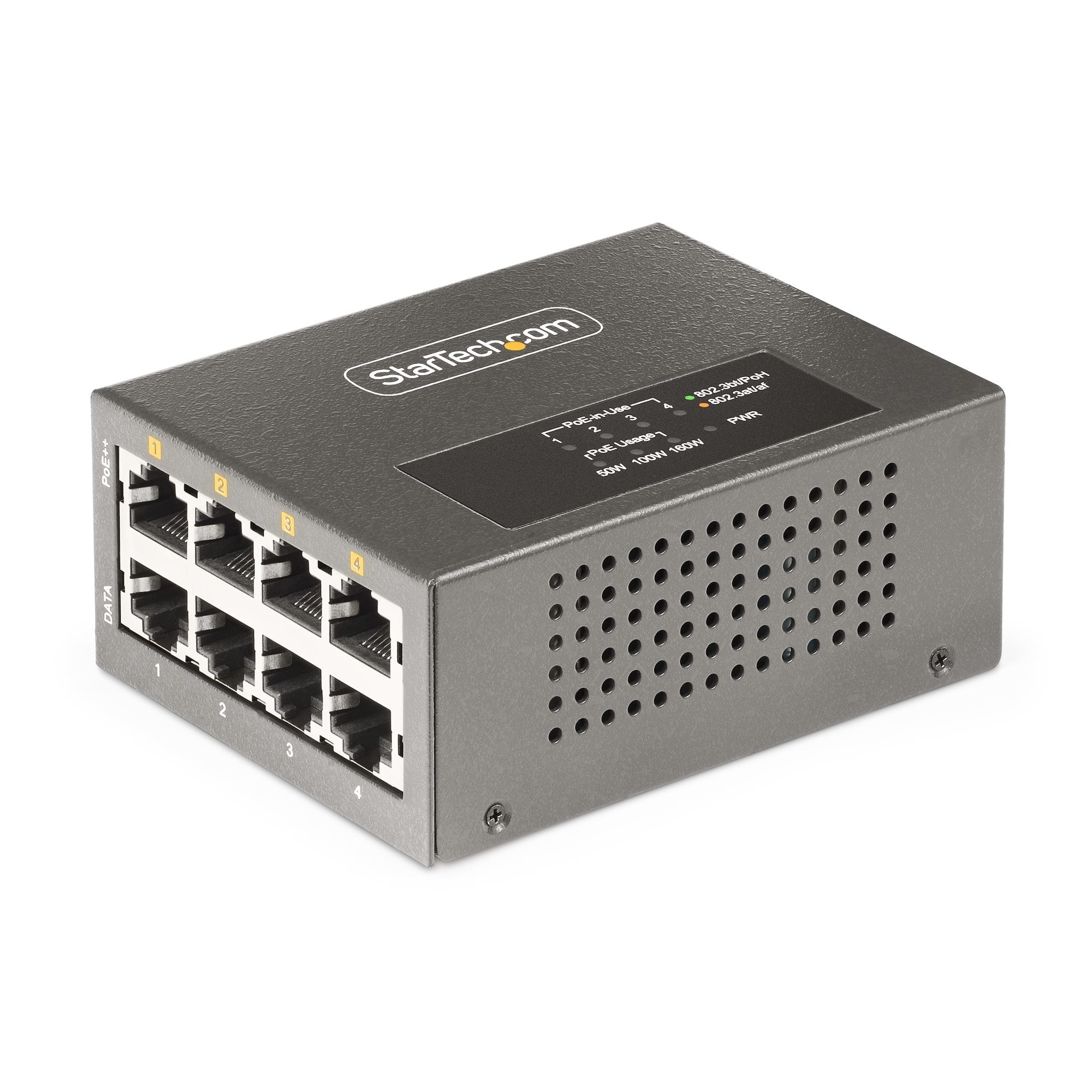 Startech.Com Switch Poe / Poe+ / Poe++ 802.3af/802.3at/802.3bt De 4 Puertos - 95w - 160w De Capacidad De Potencia - Inyector Power Over Ethernet 5g [Nbase-T] - Sin Gestionar - Para Carril Din / Pared