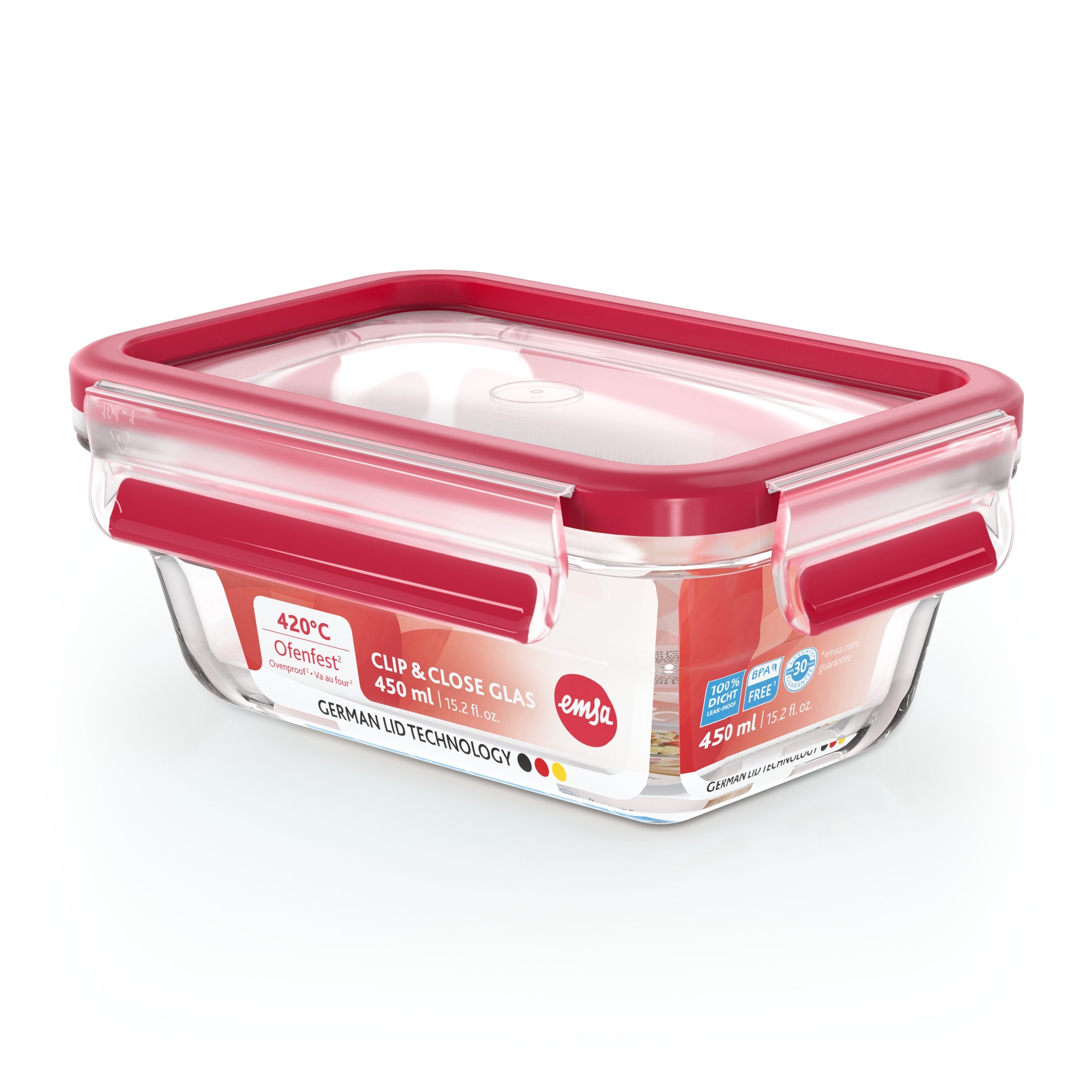 Emsa N10405 Clip & Close Glas Frischhaltedose 0,45 L Transparente/Rot