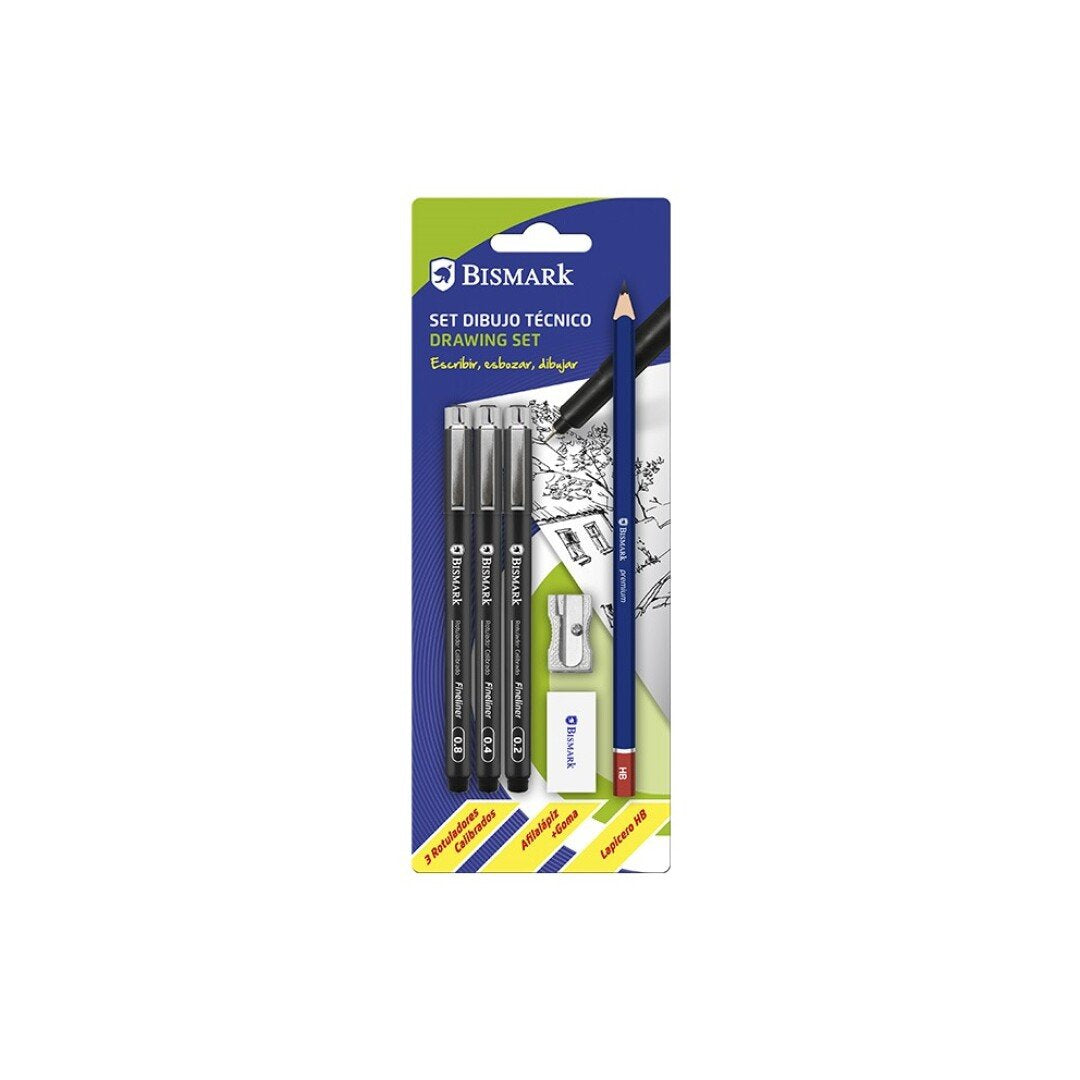 Bismark Pack Escolar Con 3 Rotuladores Calibrados Color Negro 0.2, 0.4, 0.8mm, Lapicero Hb, Goma, Afilalapiz