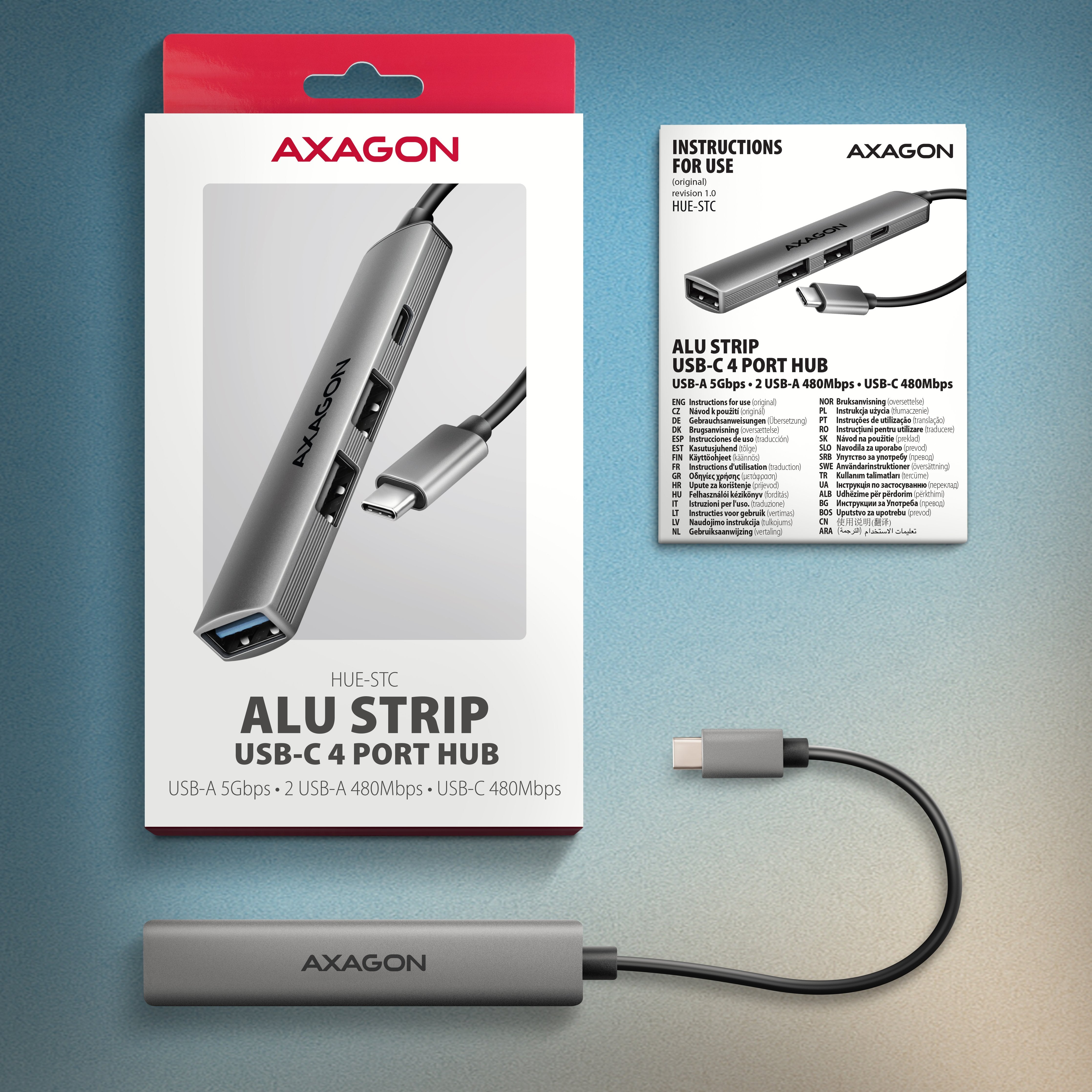 Axagon Hub Usb Hue-Stc, 4x Usb Alu Strip Hub, 1x Usb-A 5gbps, 2x Usb-A & 1x Usb-C 480mbps, Kabel Usb-C 12cm Usb 3.2 Gen 1 (3.1 Gen 1) Type-C 5 Mbit/S Gris