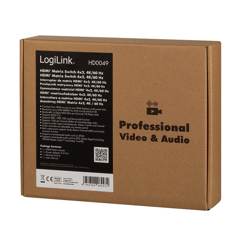 Switch Logilink Hd0049 Matriz Hdmi 4x2 Puertos, 4k / 60hz, Escalador, Hdr, Arc