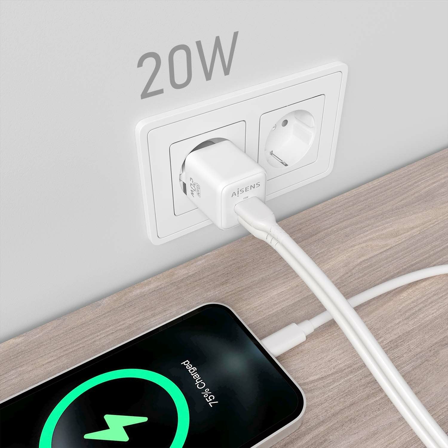 Aisens Cargador Gan 20w - 1xusb-C Pd3.0 Qc4.0 - 1xusb-A Qc3.0 - Blanco