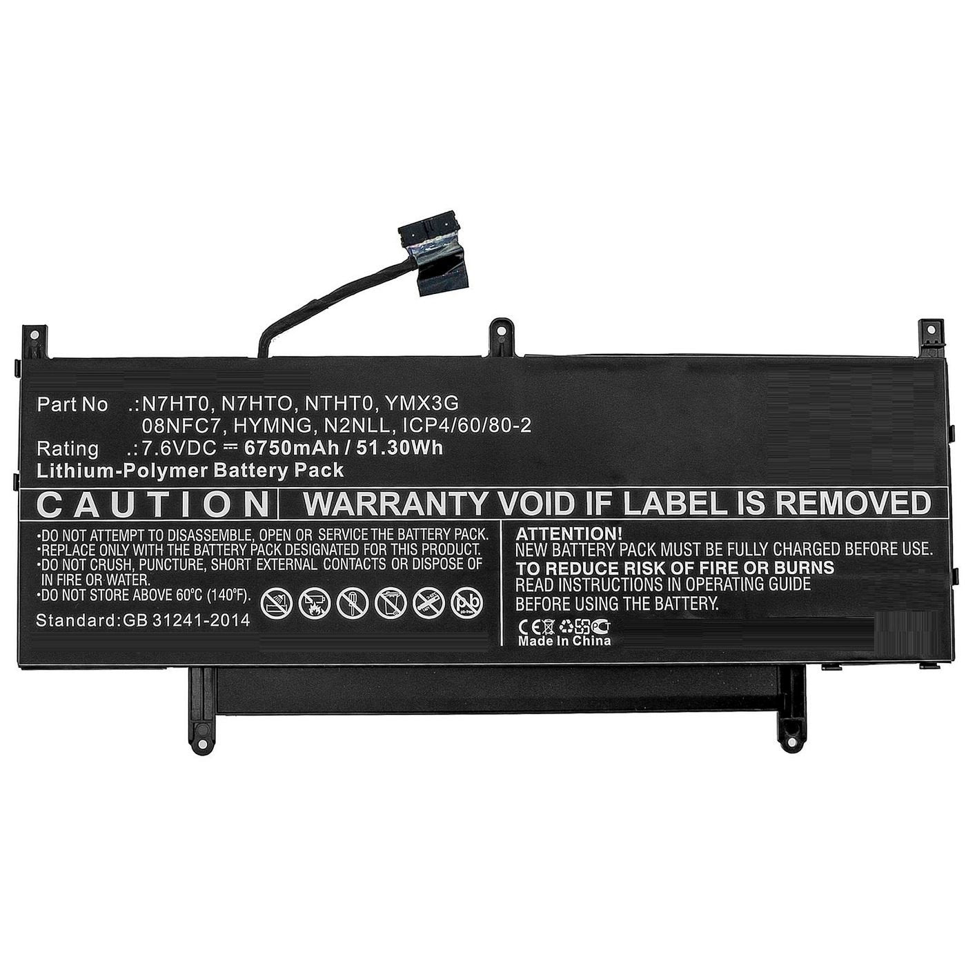 Laptop Battery For Dell  51.30wh Li-Polymer 7.6v