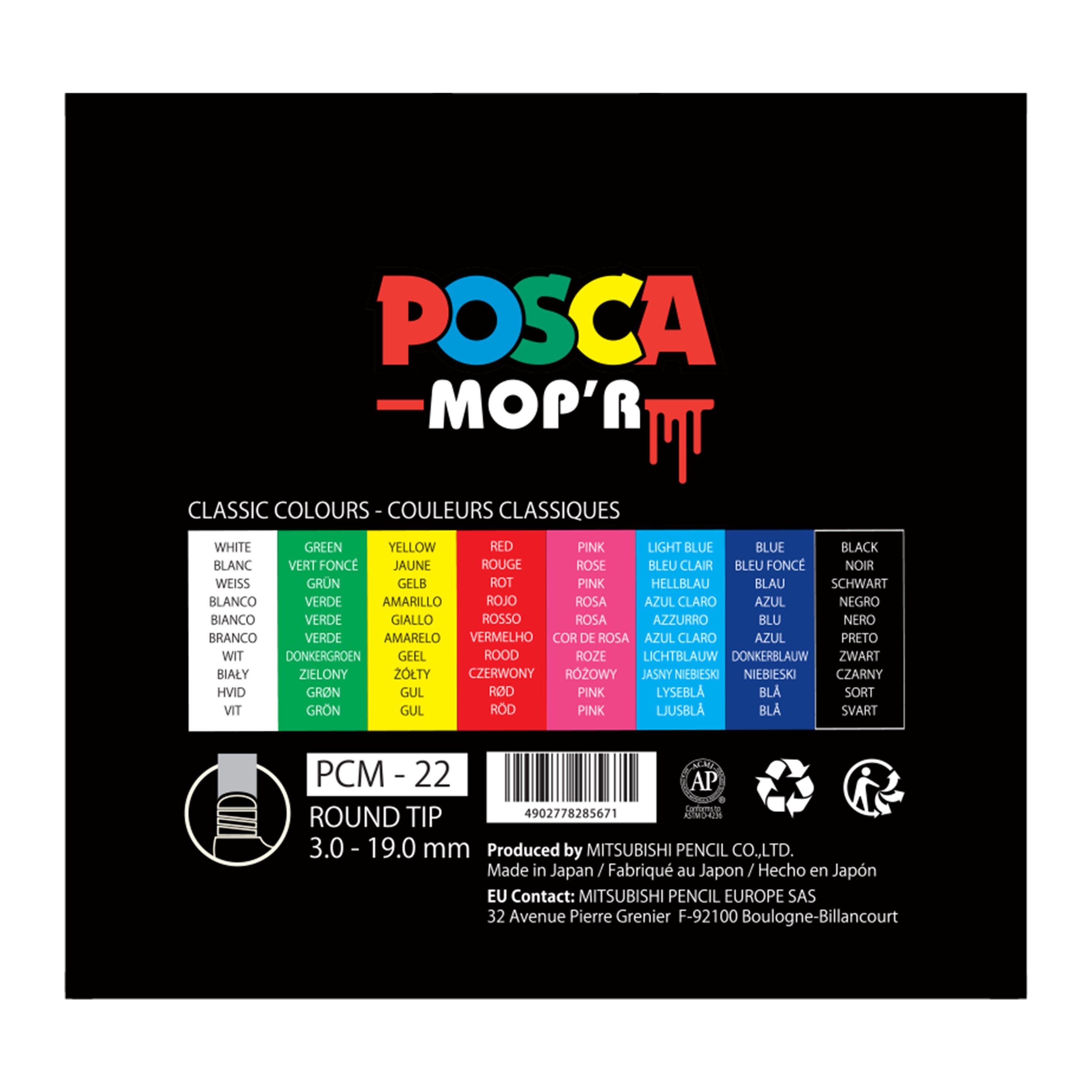 Posca Pcm-22 Pack De 8 Marcadores De Pintura - Punta Redondeada De Gomaespuma 3-19mm - Tinta Base Al Agua - Multi