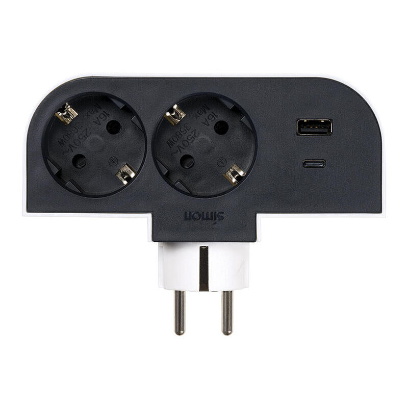 Adaptador Giratorio Schuko 2 Tomas + Usb A+C 30 W 16 A 250 V~