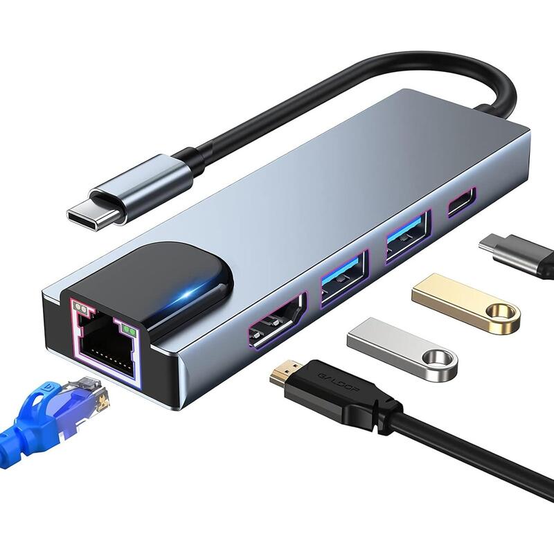 Adaptador Usb-C Para Portátil Con 2 X Usb 3,0 , 1 X Usbc Pd100w, 1 X Hdmi 4k , 1 X Red Lan Rj45