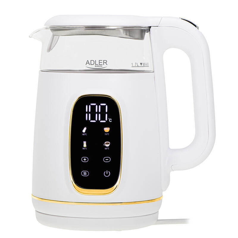 Adler Ad 1305 Electric Kettle, Glass With Led Display & Temperature Regulation, 1.7l, White Gold