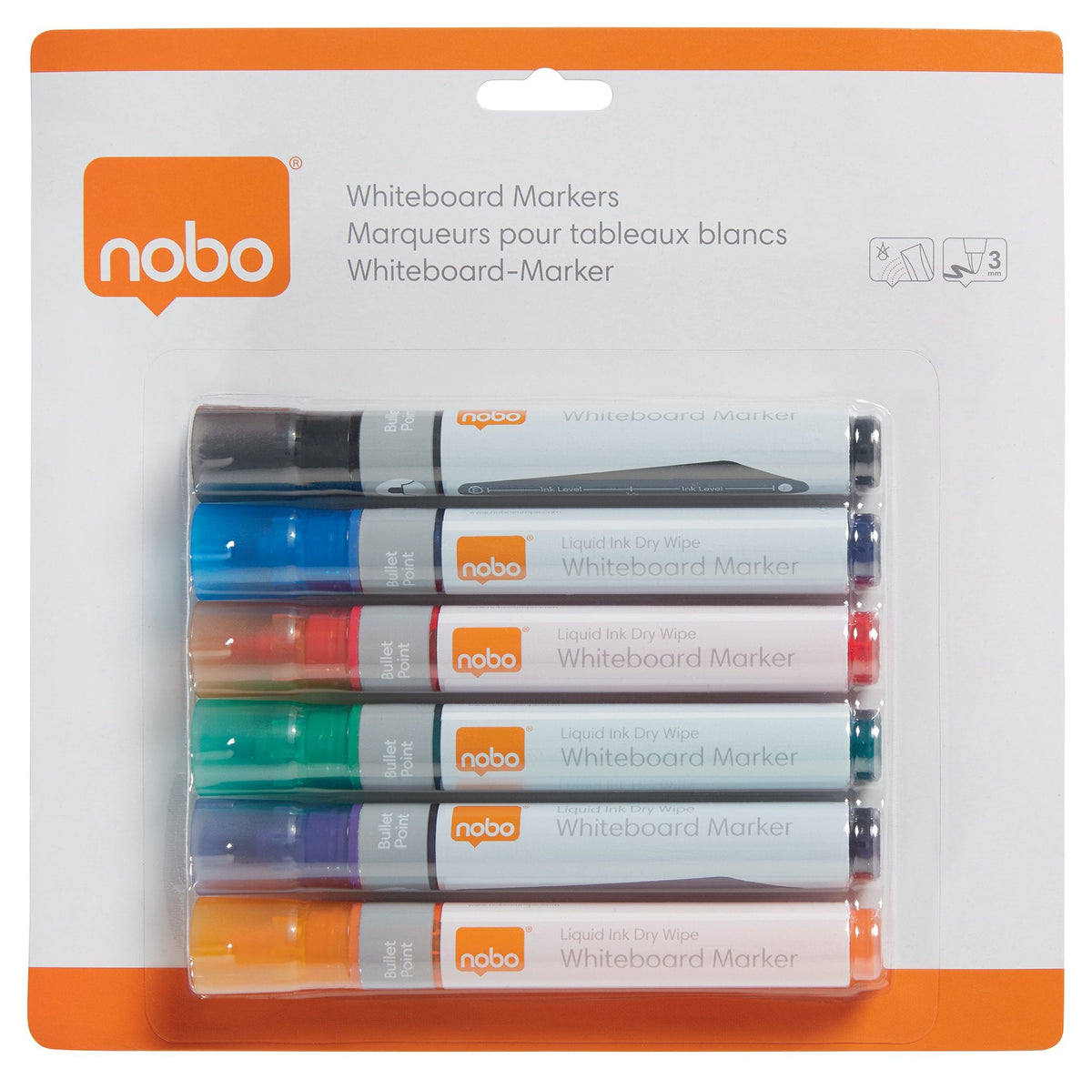 Nobo Liquid Ink - Marker - No Permanente - Para Flipchart, Overhead-Projektor-Láminas, Whiteboard - Negro, Rojo, Azul, Verde - Base De Alcohol Tinta - 3 Mm (Paquete De 6)