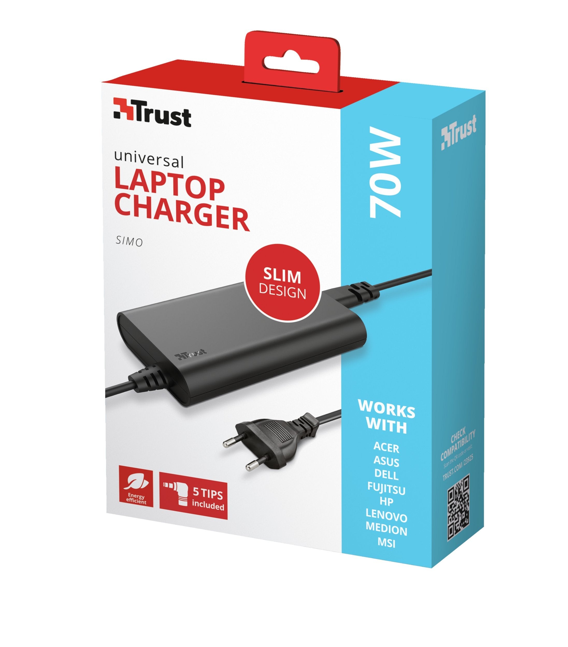 Trust Cargador De Portátil Universal Ultradelgado De 70 W Simo