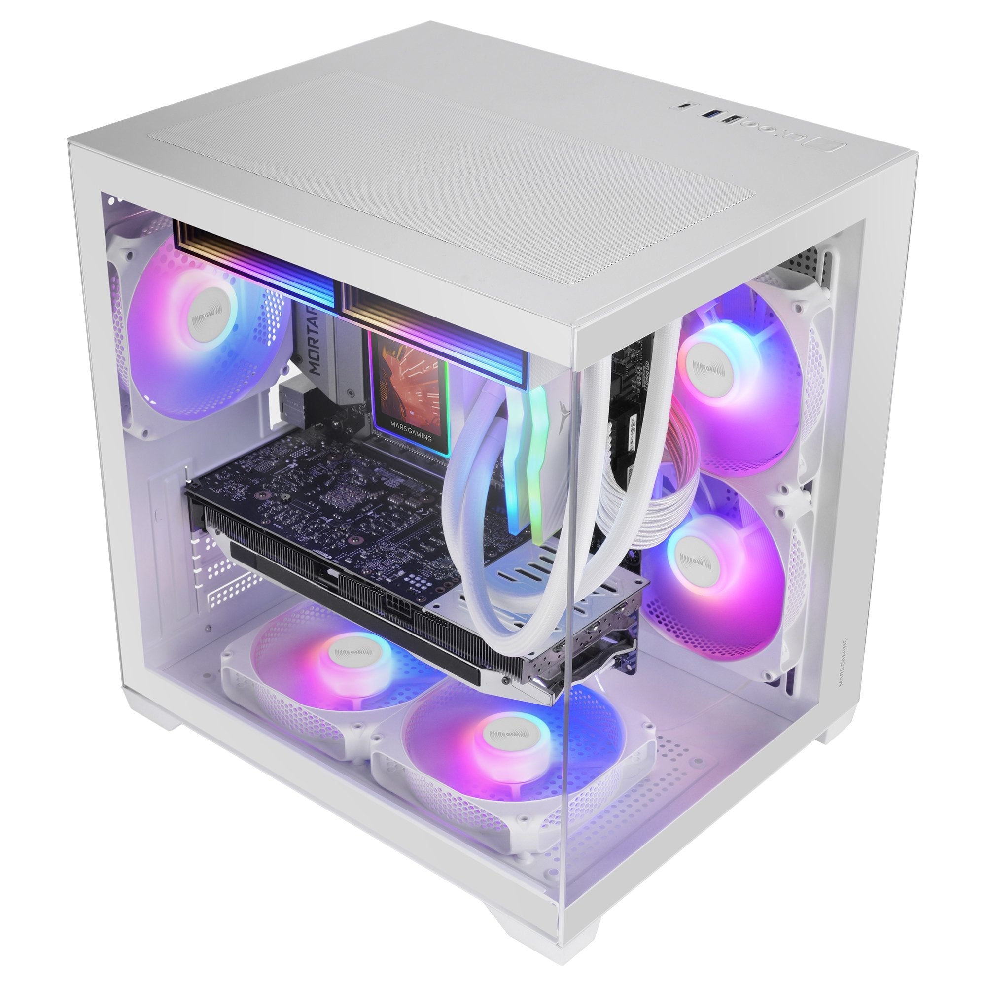 Caja Pc Micro Atx Mars Gaming Mc-View3w Gpu Max 330mm Cristal Templado Panoramico Argb Usb-C Blanca