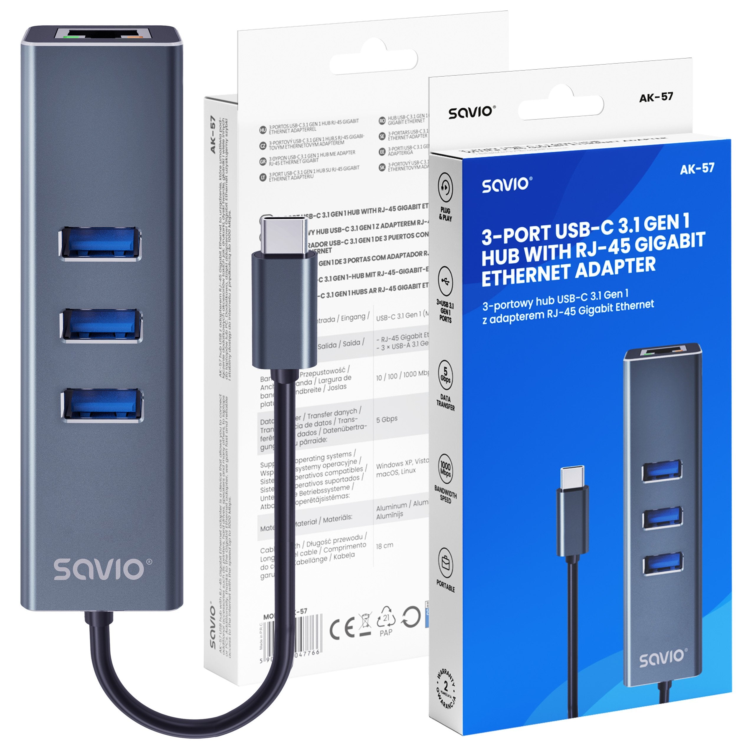 EAN 5901986047766 - Savio AK-57 USB-C - 3 x USB-A HUB with RJ-45 Gigabit Ethernet adapter 5000 Mbit/s grey 2 x USB 3.2 Gen 2  imagen 9