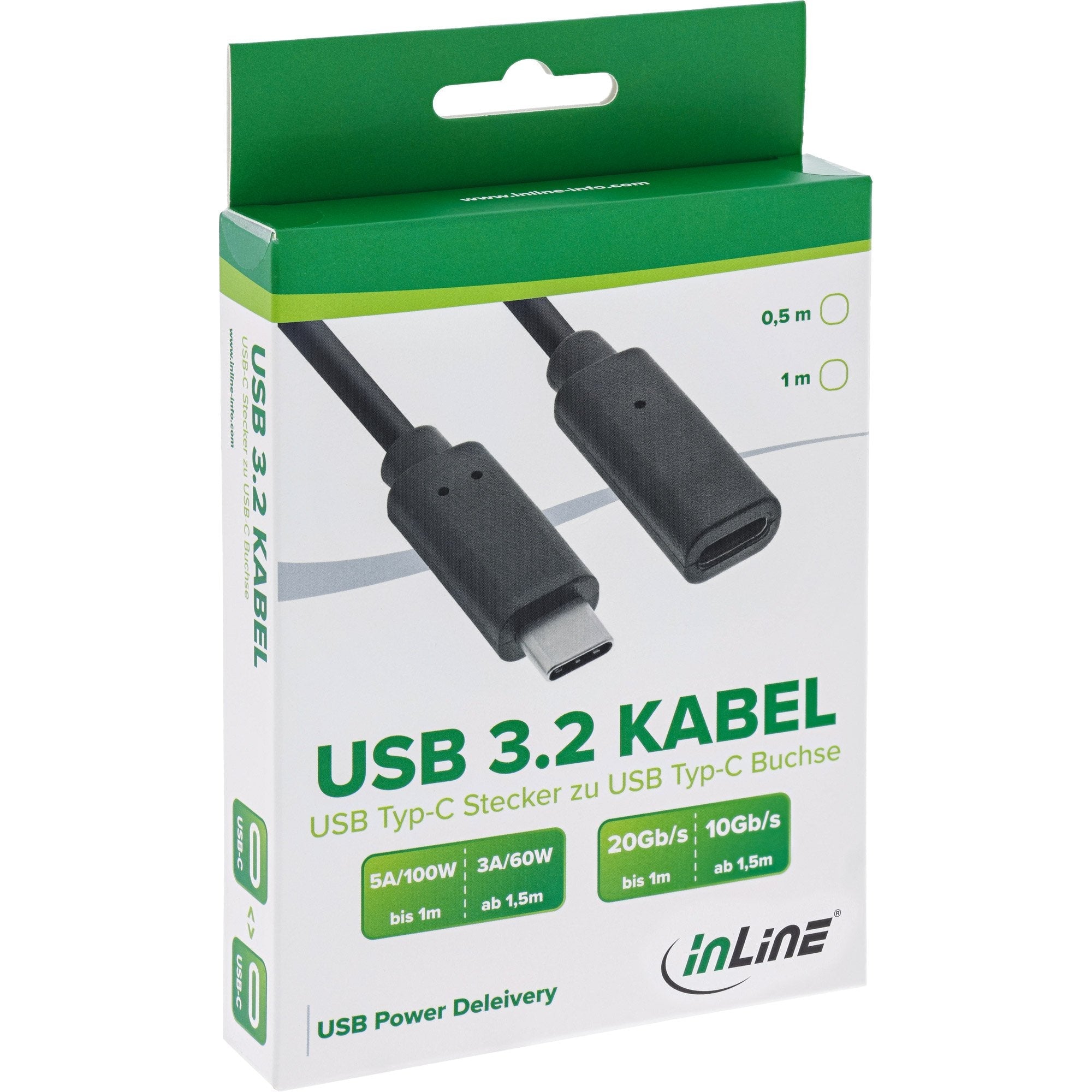 Cable Inline Usb 3.2, Tipo C Macho/Hembra, Negro, 0,5 M