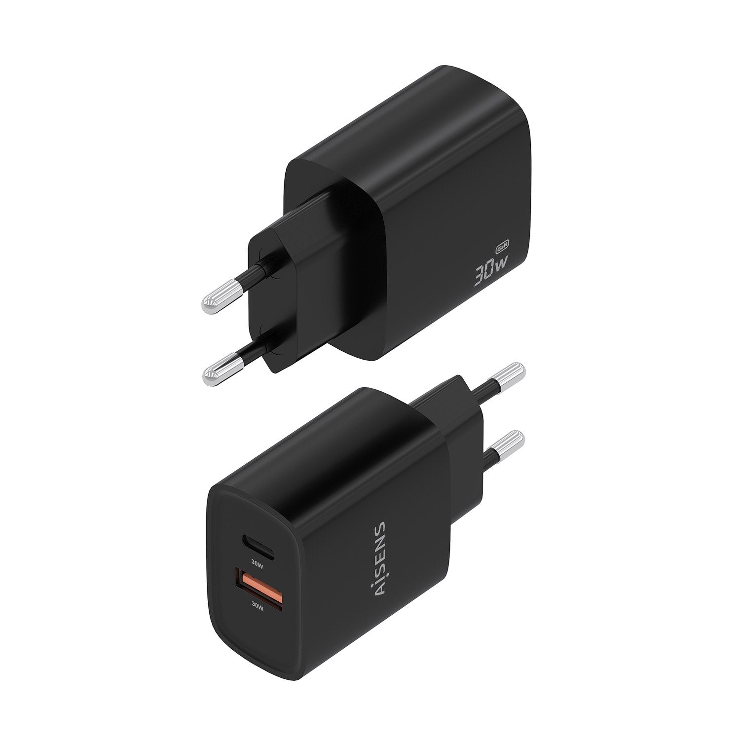 Aisens Cargador Gan 30w, 1xusb-C Pd3.0 Qc4.0, 1xusb-A Qc3.0, Negro