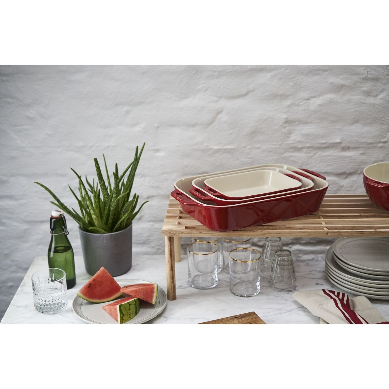Staub 3-Piece Rectangular Ceramic Bakeware Set, Cherry Red