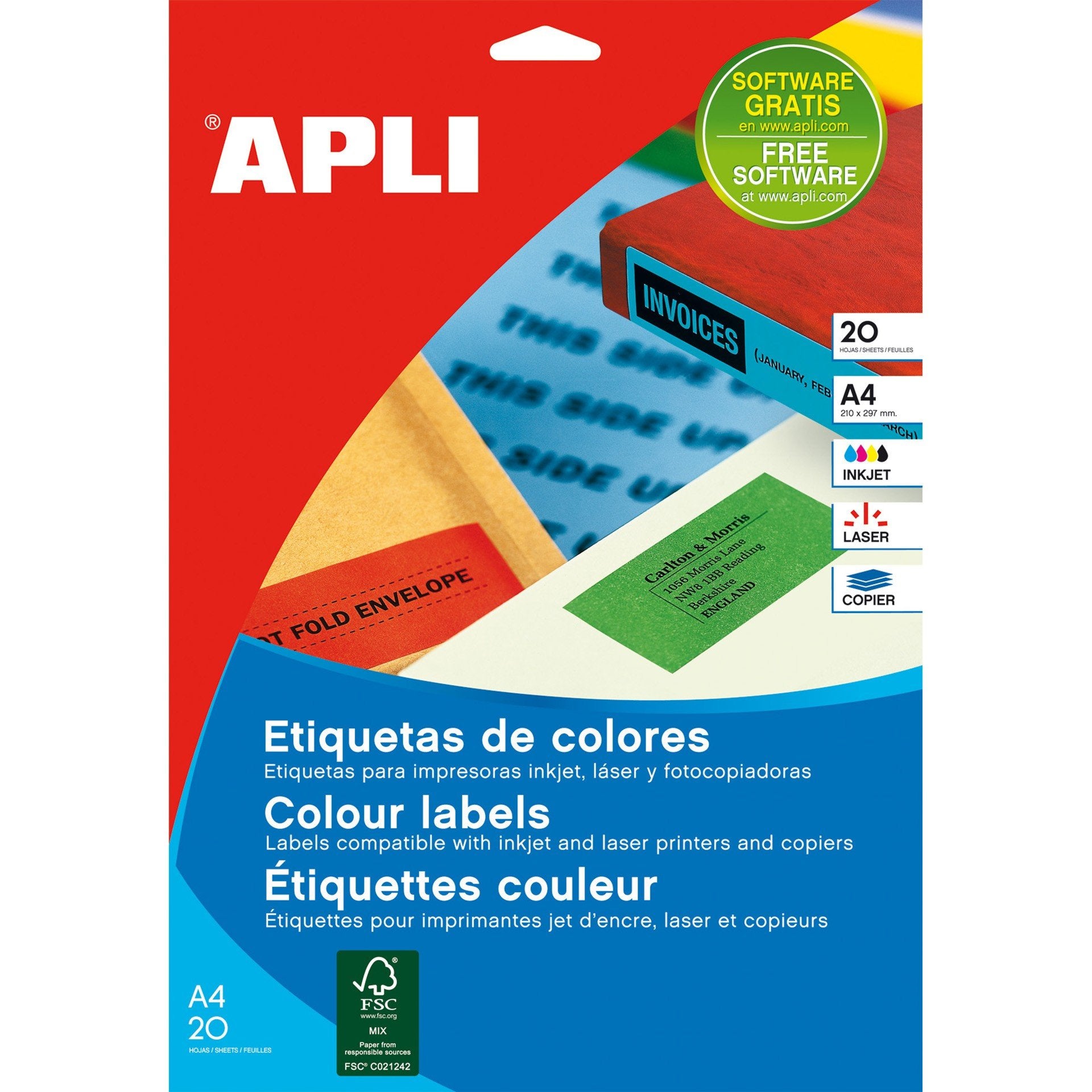 EAN 8410782015994 - APLI Etiquettes 210x297 jaunes jet/laser/copieur 20 feuilles etiqueta autoadhesiva Rectángulo Permanente  imagen 1