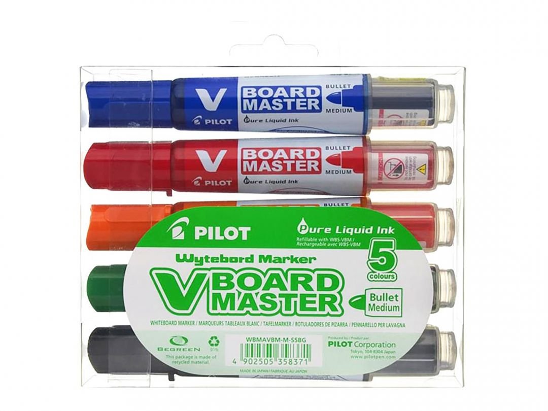 Pilot V-Board Master Begreen Pack De 5 Rotuladores Para Pizarra Blanca - Punta Redonda 6mm - Trazo 2.3mm - 91% Plastico