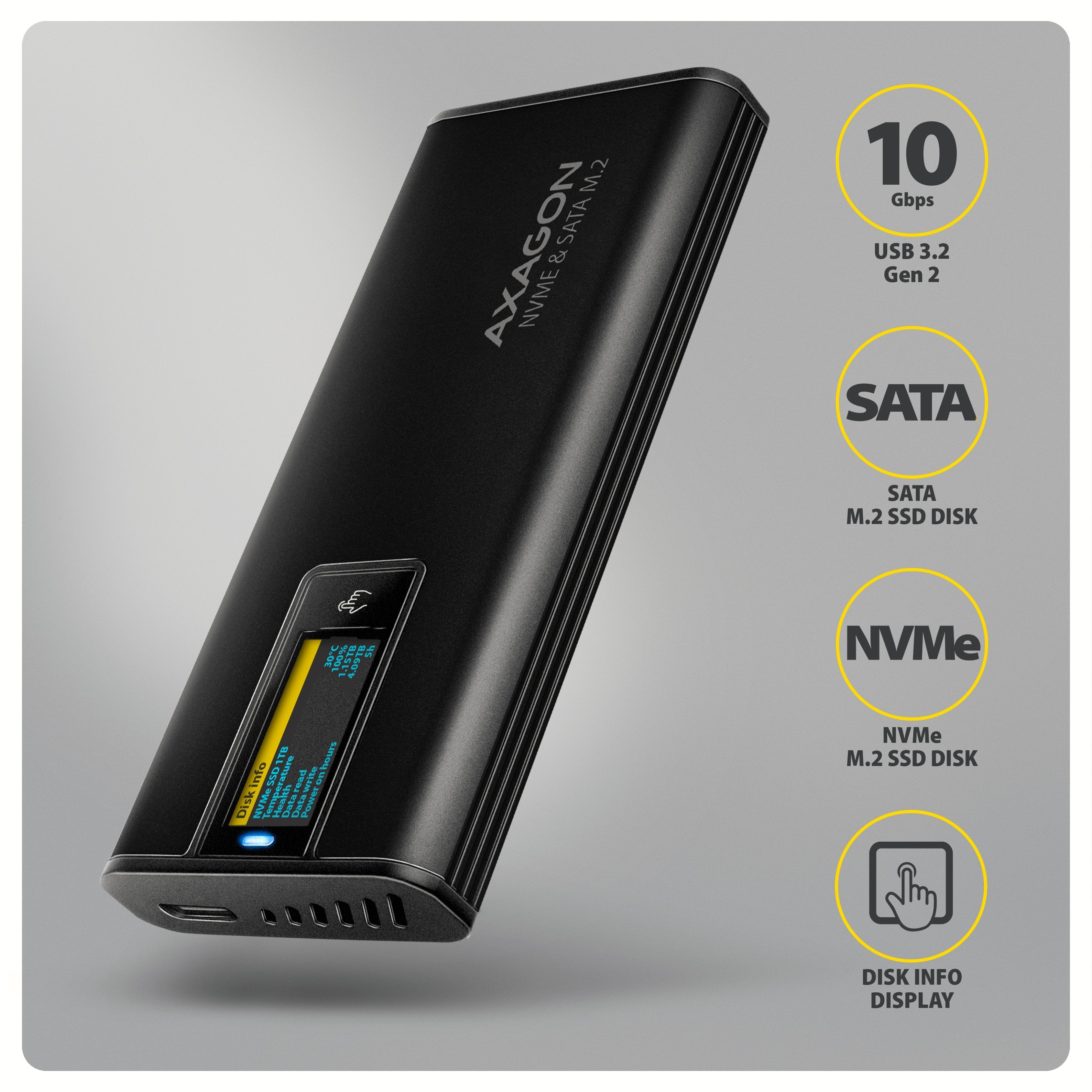Eem2-Sd2b Obudowa Zewnetrzna Aluminiowa Bezsrubowa Usb-A/C 3.2 Gen2 M.2 Nvme/Sata Wyswietlacz Led, Czarny
