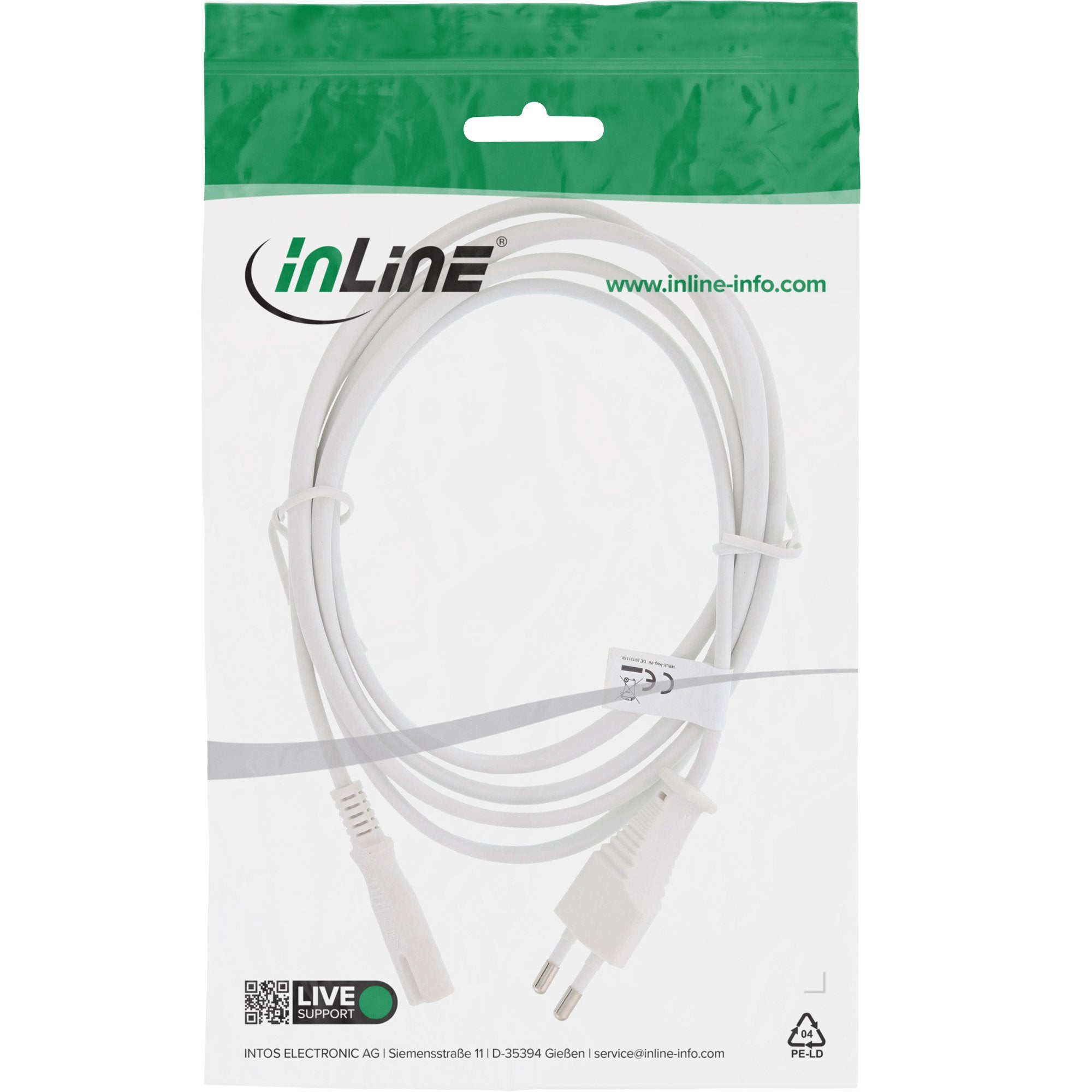 Cable De Alimentación Inline, Conector Euro A Conector Euro8, Blanco, 5,0 M