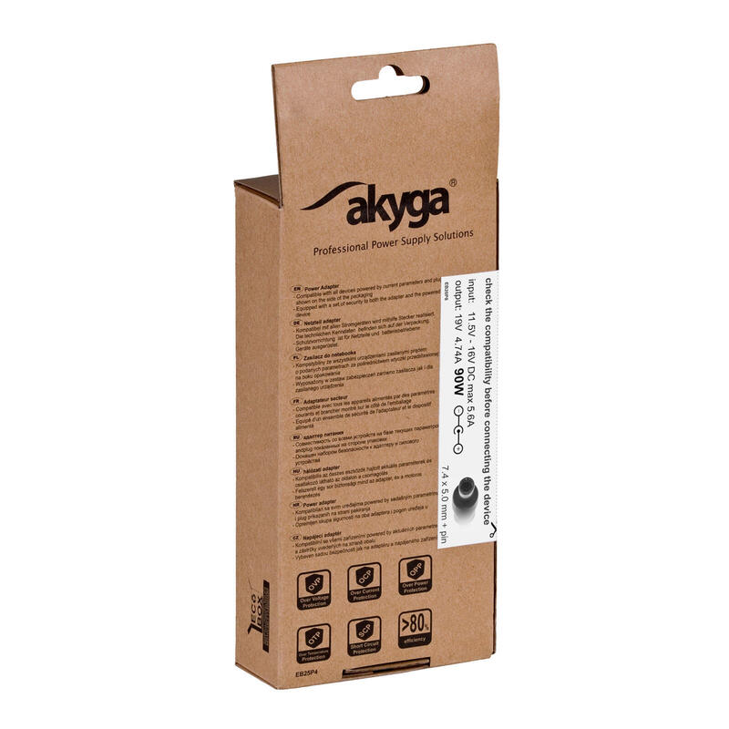 Akyga Cargador Para Portátil De Coche 19v / 4.74a 90w 7.4x5.0 Mm + Pin Hp