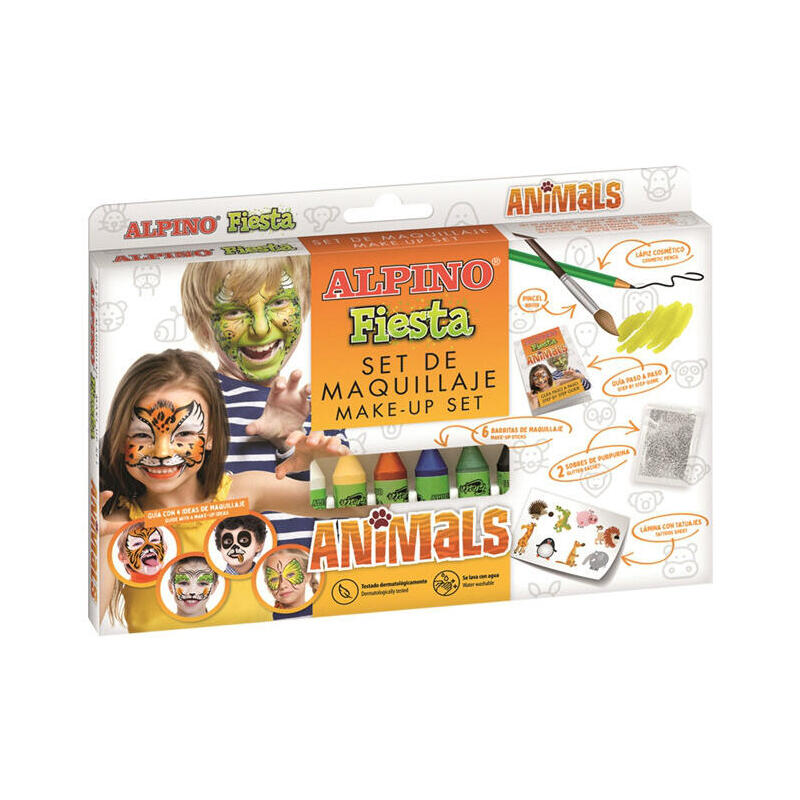 Alpino Fiesta Animales Pack De Maquillaje Con 6 Barritas De Pintura Facial + Pincel + Tatuajes En Calcomania + Lapiz