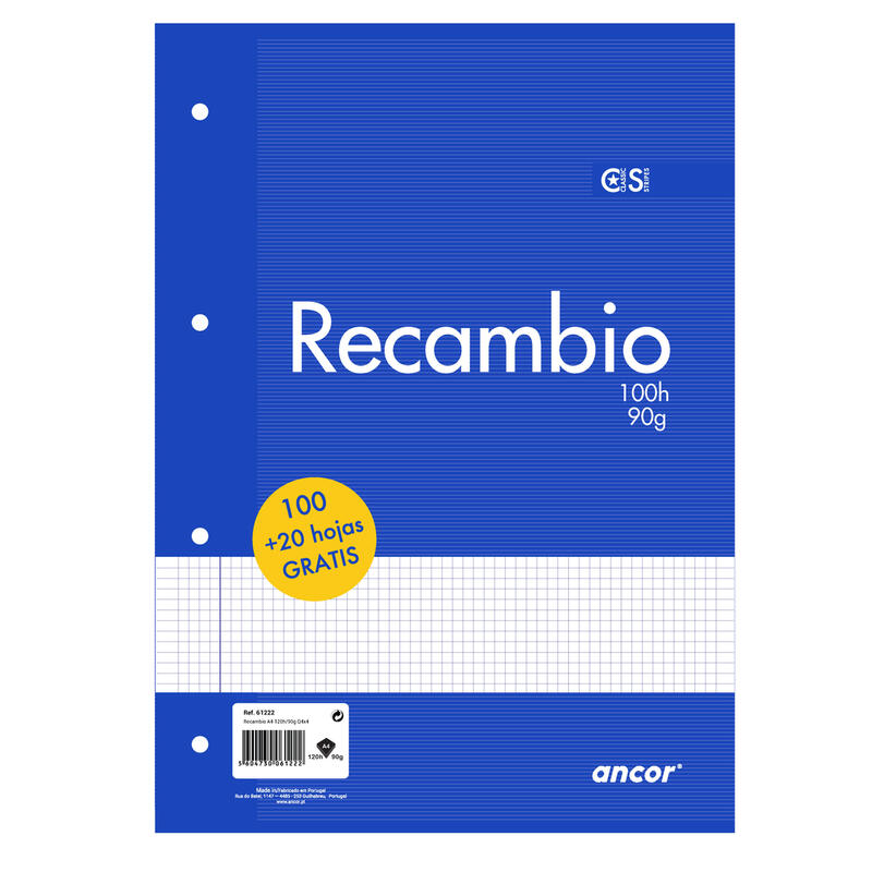 Ancor Recambio De 120 Hojas 90gr Tamaño A4 Cuadriculado 4x4mm - 4 Taladros