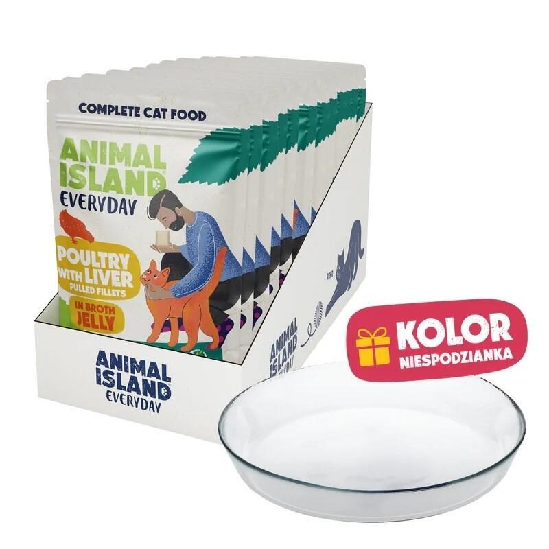 Animal Island Pack Con Platito De Cristal Alimento Húmedo Completo Para Gatos Filetes De Ave Con Hígado En Gelatina Everyday Sin Cereales Sobres, 12 X 85g Color Del Platito Aleatorio