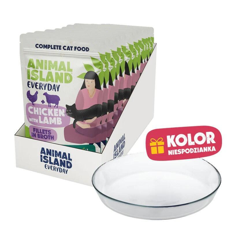 Animal Island Pack Con Platito De Cristal Alimento Húmedo Completo Para Gatos Filetes De Pollo Con Cordero En Caldo Arándano Inulina Sobres, 12 X 85g Color Del Platito Aleatorio