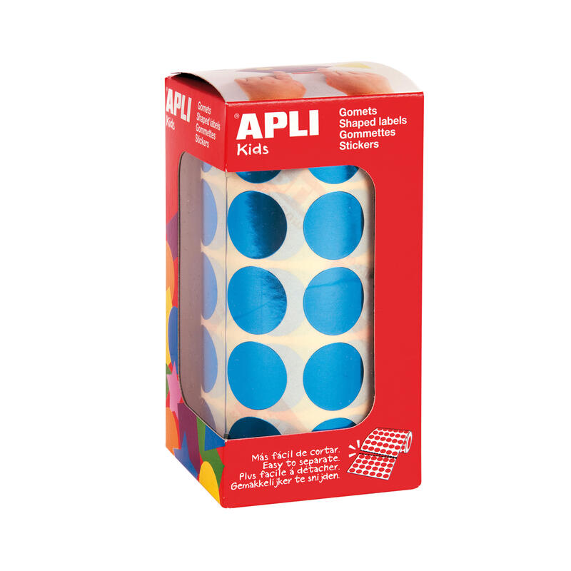 Apli Gomets Redondos Azul Metalizado Ø 20mm - 59 Hojas Pretroqueladas - 1770 Gomets Por Rollo - Ideal Para Escuelas Y Talleres Infantiles - Cumple Normas En-71 Y Fsc
