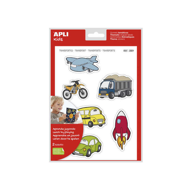 Apli Gomets Tematicos Transportes Xl - 24 Gomets En 2 Hojas A4 - Ilustraciones De Medios De Transporte - Adhesivo