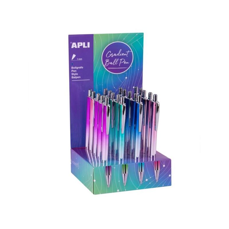 Apli Gradient Expositor Con 20 Boligrafos Metalicos Retractiles - Punta De 1mm - Tinta Color Azul - Colores Gradient
