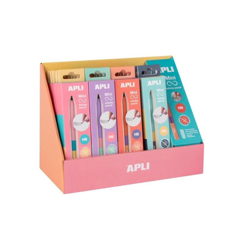 Apli Mini Infinite Pencil Expositor Con 20 Packs De Mini Lapices Infinitos Hb + Mina De Recambio + Tapon Protector -
