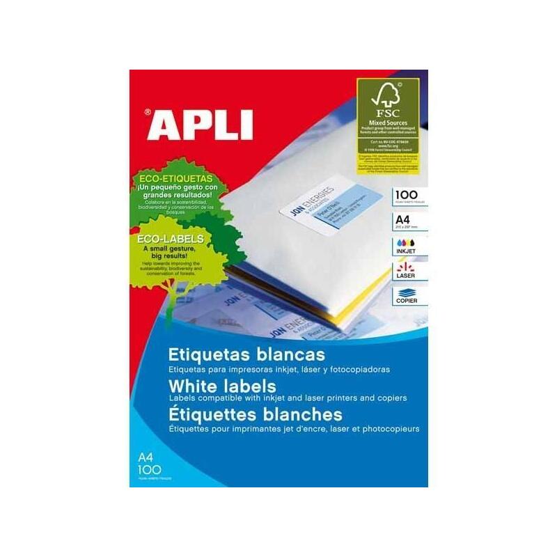 Apli Pack 10 Hojas Etiquetas 199,6x289,1mm Láser/Fotocopiadoras Calidad Foto Cantos Romos Blanco