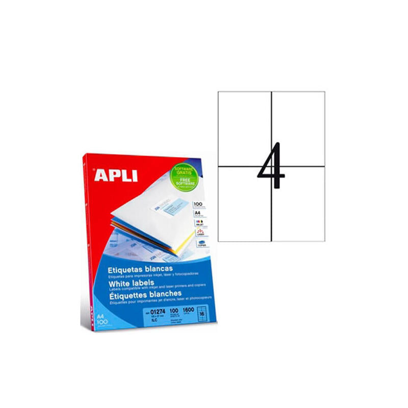 Apli Pack 100 Hojas Etiquetas Removibles 105x148mm Inkjet/Láser/Fotocopiadoras Cantos Rectos Blanco