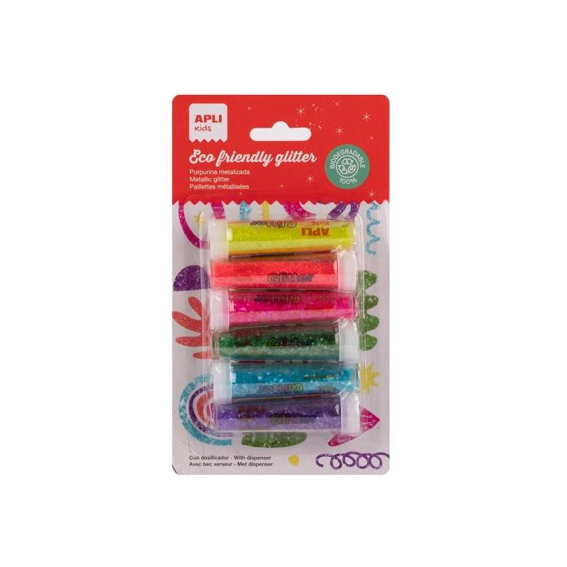 Apli Pack Con 6 Botes De Purpurina Biodegradable 6gr Por Bote - Colores Fluor Surtidos
