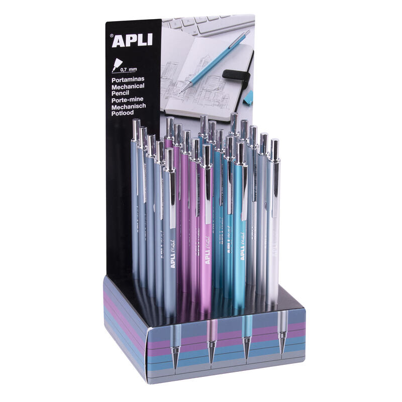Apli Portaminas Colores Metalicos - 0.7mm - Textura Soft - Capuchon Y Goma De Borrar De Metal - 20 Unidades En Expositor