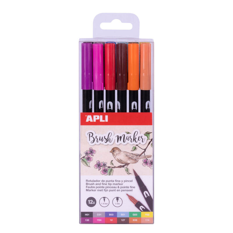 Apli Rotuladores Acuarelables De Doble Punta - Pincel De 1-4mm Y Redonda De 1mm - Tinta Base Agua No Toxica - 12 Colores Surtidos Para Mezclas Y Degradados