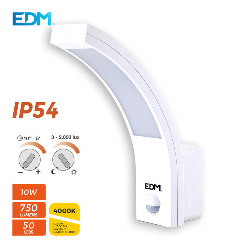 Aplique Exterior Led 10w 750lm 4000k Ip54 6,6x18,8x25cm Con Sensor De Movimiento Edm