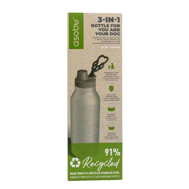 Asobu - Dog Bowl Buddy - Recycelte Botella De Acero Inoxidable Con 2 Cuencos Plateado