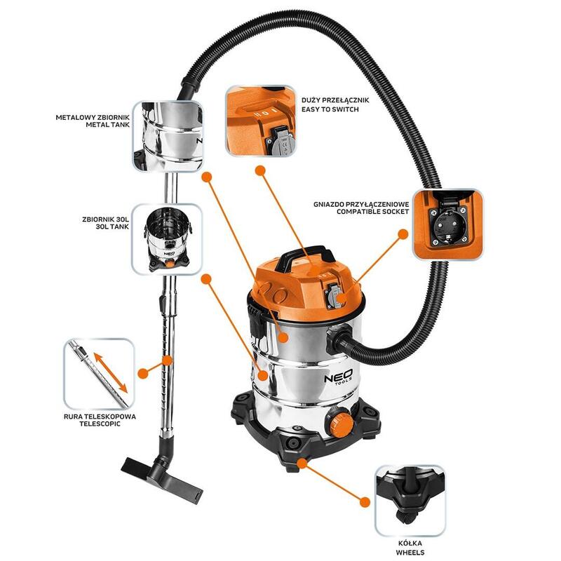 Aspirador Industrial Neo Tools 1400 W, Depósito De 30 L, 04-738