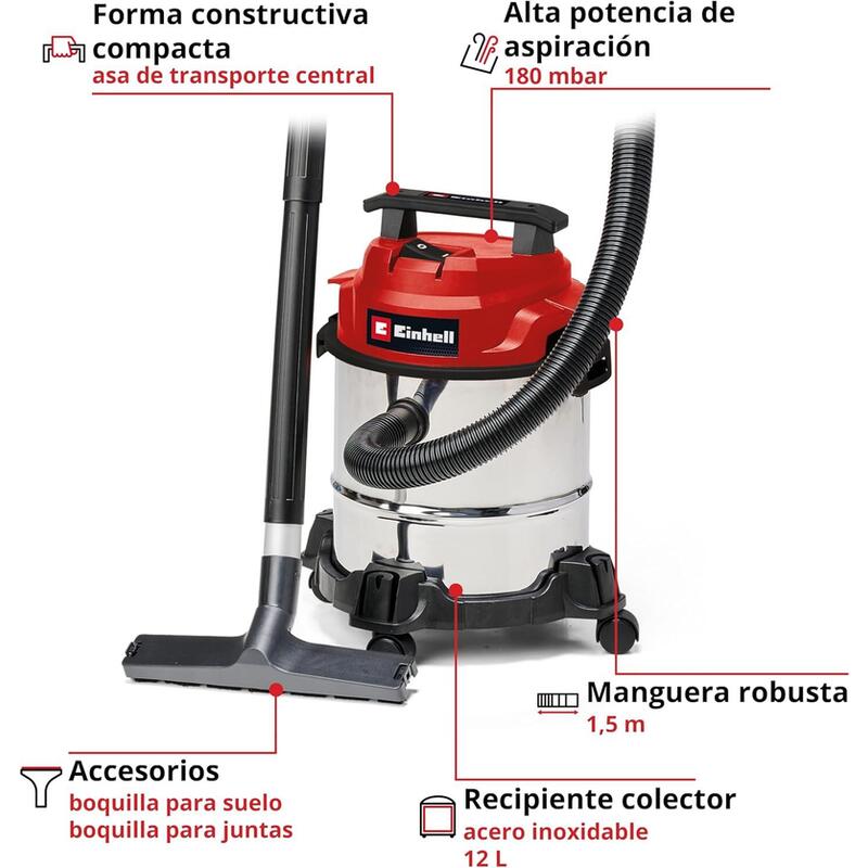Aspiradora Einhell Tc-Vc 1812/1 S, Húmeda/Seca De Acero Rojo/Acero Inoxidable 2342500