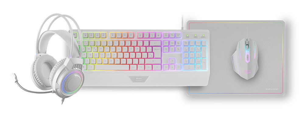 Kit Combo Pack 4en1 Rgb Mcp124 Pro Blanco Mars Gaming Teclado H-Mech Con Iluminación Rgb/ Ratón De Alta Precisión/ Alfombrilla Nanotextil/ Auriculares Con Sonido Envolvente E  Iluminación Frgb