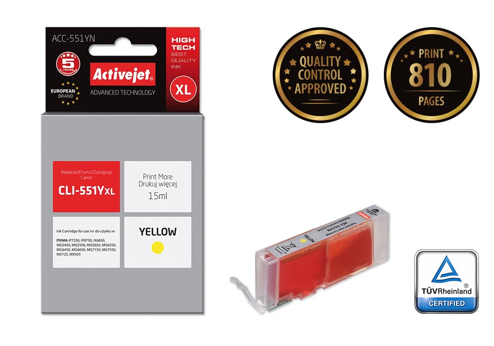 Tinta Activejet Acc-551yn (Reemplazo De Canon Cli-551y - Supreme - 15 Ml - Amarillo)