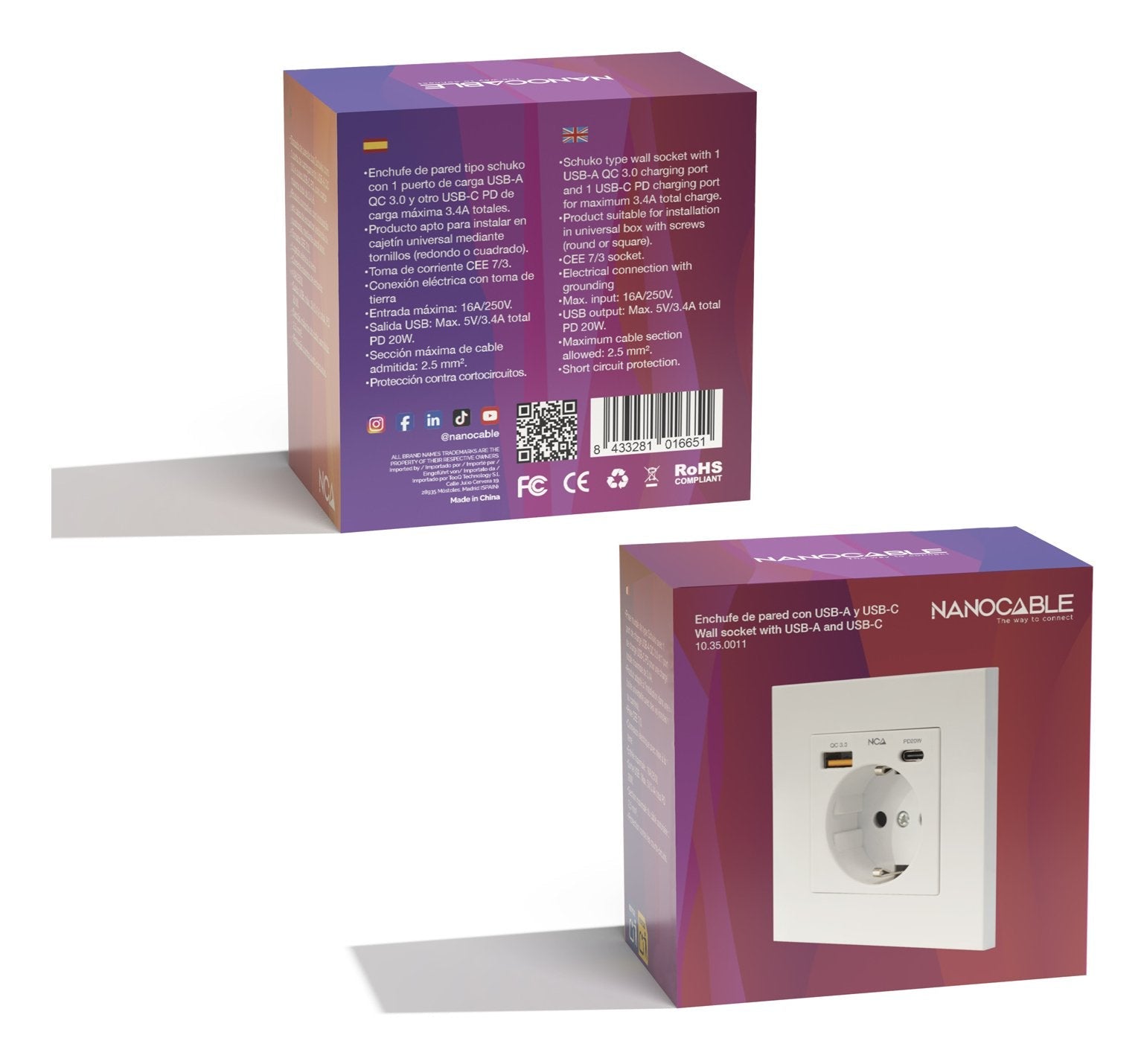 Roseta De Pared Nanocable 10 35 0011 1 Schuko 1 Usb Tipo-C 1 Usb