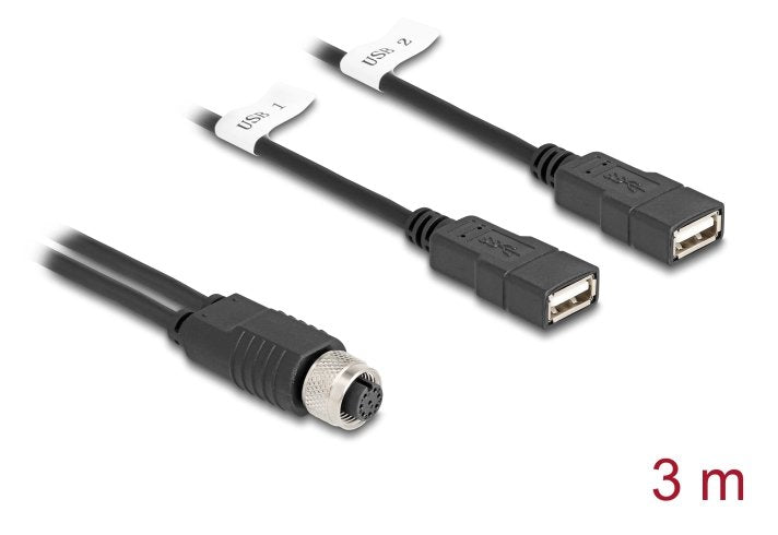 Delock M12 Cable A-Kodiert 8 Pin Buchse Zu 2 X Usb 2.0 Typ-A Buchse 3 M Schwarz