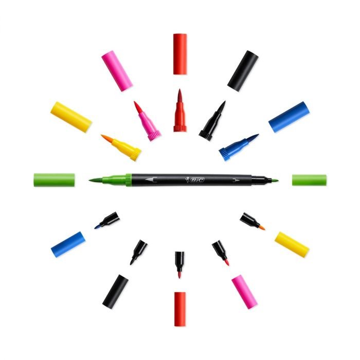 Bic Intensity Dual Tip Pack De 6 Rotuladores Doble Punta - Punta De Pincel + Punta Fina - Tinta Con Base De Agua - Colores Clasicos Surtidos