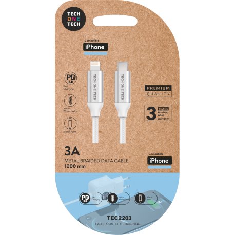 EAN 8436546593072 - TECH ONE TECH TEC2203 cable de conector Lightning 1 m Blanco imagen 1