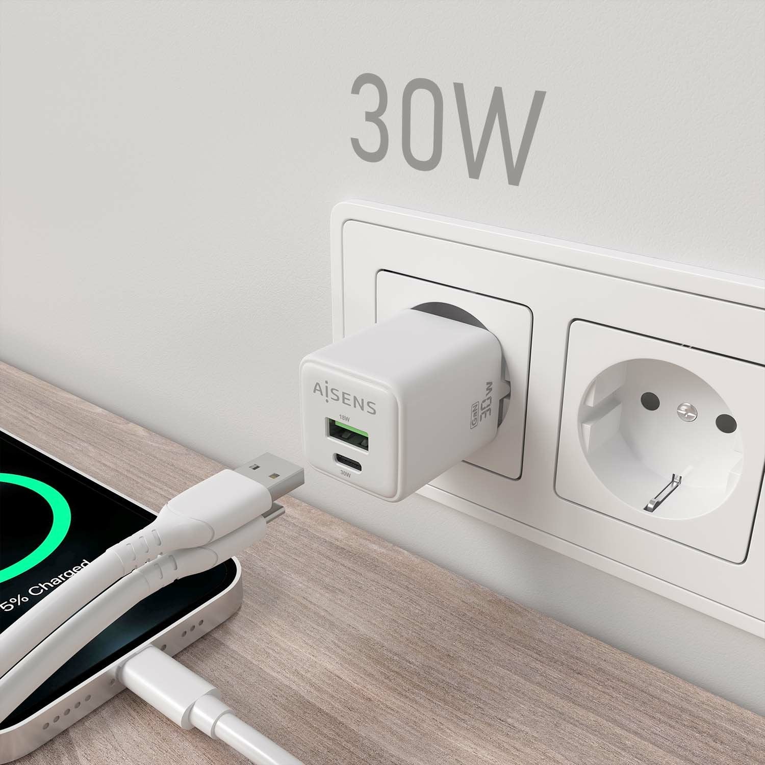 Aisens Cargador Gan 30w, 1xusb-C Pd3.0 Qc4.0, 1xusb-A Qc3.0, Blanco