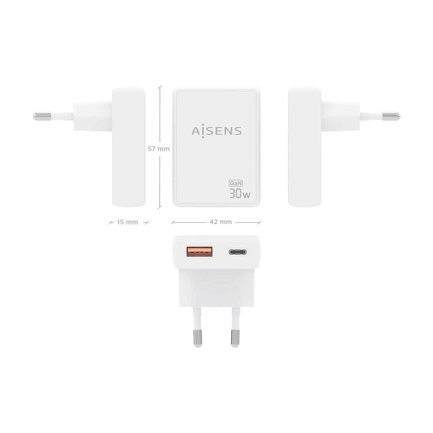 Aisens Cargador De Pared Gan Ultra Delgado 30w, 1xusb-C Pd3.0 Qc4.0, 1xusb-A Qc3.0, Blanco