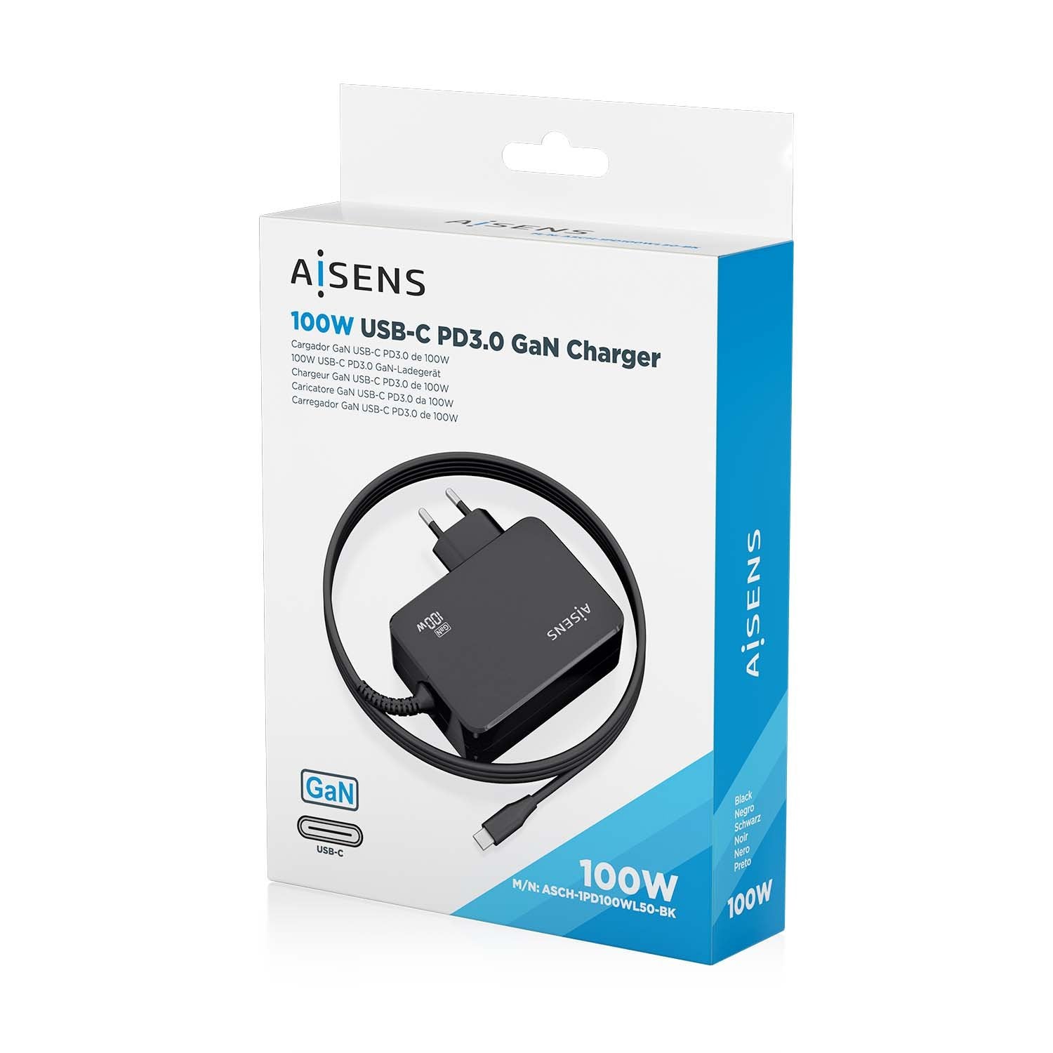 Aisens Cargador Gan 100w Pd3.0 1xusb-C 1.8m, Negro